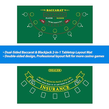 GSE Games & Sports Expert 36" x 72" Double-Sided Casino Layout Felt, Las Vegas Style Tabletop Mat for Parties, Home Entertainment, Poker Game Night - style: Blackjack&Baccarat