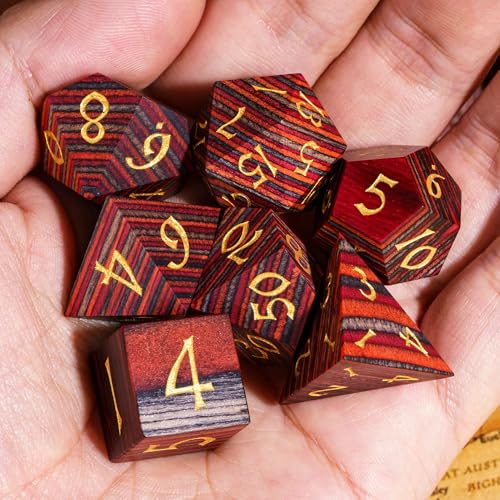 Wood DND Dice Set Red Orange Striped Handmade Wood Dice Set for Role Playing Games and Tabletop Game - color: Red Orange Grey Striped
