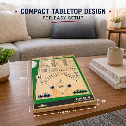 Classic Baseball Board Activity, Two Player Tabletop Dice Play Set with Wooden Surface Plus Marble Scoring, Indoor Family Gathering Entertainment for Children Ages 8-12, Teens, Adults
