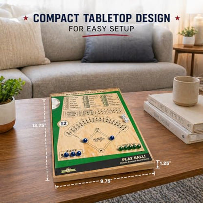 Classic Baseball Board Activity, Two Player Tabletop Dice Play Set with Wooden Surface Plus Marble Scoring, Indoor Family Gathering Entertainment for Children Ages 8-12, Teens, Adults