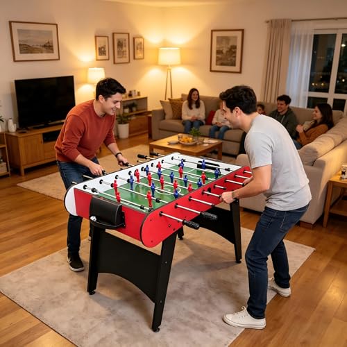 Table Soccer Game Table, Mini Foosball Table for Adults, Compact Indoor Football Table Games with Smooth Rods and Scoreboard, Includes 2 Balls for Home Game or Office Entertainment, Red