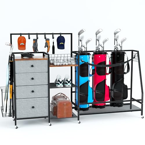 DALEMHOME Golf Bag Storage Rack for Garage, Extra Large 70.07" Golf Organizer Fits 3 Golf Bags, Heavy Duty Metal Golf Equipment Storage Stand with 4 Drawers, Side Basket and Lockable Casters