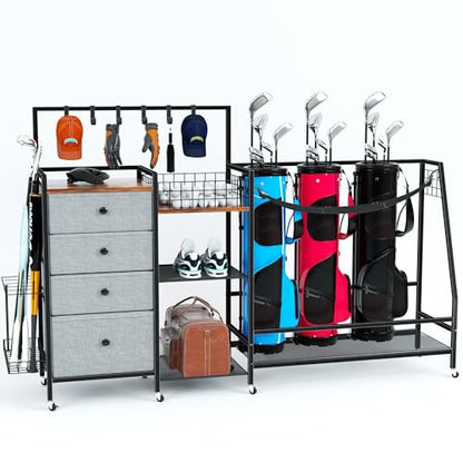 DALEMHOME Golf Bag Storage Rack for Garage, Extra Large 70.07" Golf Organizer Fits 3 Golf Bags, Heavy Duty Metal Golf Equipment Storage Stand with 4 Drawers, Side Basket and Lockable Casters