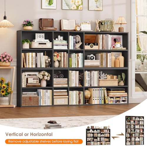 FOTOSOK 71'' Tall Bookshelf with 14 Cubes, 7 Tier Double Wide Black Bookshelf with 6 Adjustable Shelves, 19.6" Narrow Bookcase DVD/CD Media Storage, Space Saving Display Shelf Cabinet, Black - color: Black
