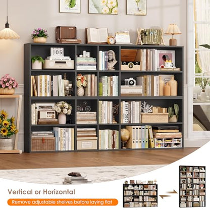 FOTOSOK 71'' Tall Bookshelf with 14 Cubes, 7 Tier Double Wide Black Bookshelf with 6 Adjustable Shelves, 19.6" Narrow Bookcase DVD/CD Media Storage, Space Saving Display Shelf Cabinet, Black - color: Black