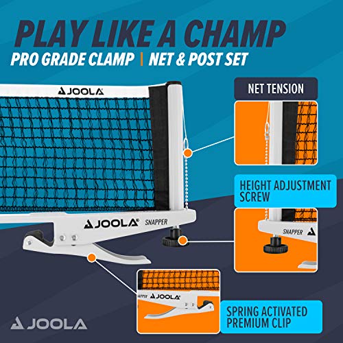 JOOLA Snapper Professional Table Tennis Net and Post Set - Portable and Easy Setup 72" Regulation Size Ping Pong Spring Activated Clamp Net, Silver