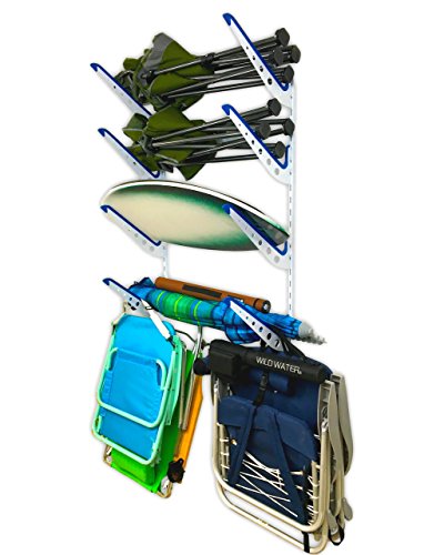 StoreYourBoard Beach Chair Storage Rack for Garage, Umbrella Wall Rack, Surfboard Rack for Wall, Wakeboard Rack, Snowboard Wall Mount, Paddle Board Storage Rack, 4-Level Board Hanger, 100 lb, White