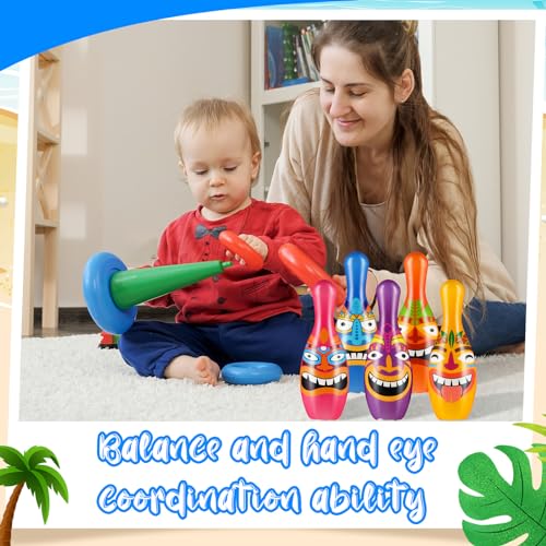 12 Pcs Bowling Set, 10 Soft Pins and 2 Cocout Balls for Kids Toddlers Tropical Hawaiian Luau Summer Birthday Party Games Indoor Outdoor Activities