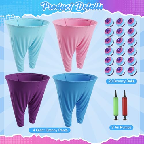 26 Pcs Granny Pants Outdoor Game Set, 4 Giant Pants with 20 Bouncy Balls & 2 Pumps Yard Funny Toss Relay Backyard Game for Adults Family Beach Party Favor - color: Neon, style: Video