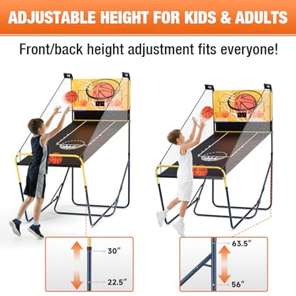 SPOYNAL Dual Shot Basketball Arcade Machine for Home with Adjustable on Front & Back - Indoor Basketball Game with LED Scoring, Foldable Design, 4 Balls & Pump for Teens and Family Sports Fun