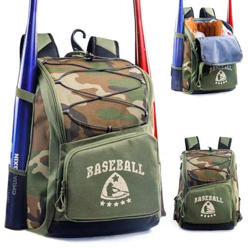 Baseball Bag for Youth & Adult with 4 Bat Sleeves - Softball Bat Bag with Shoe Compartment - Baseball Backpack for T-Ball, Softball Equipment, Baseball Gear, Baseball Bags for Boys 8-12 - color: Camo, size: Small