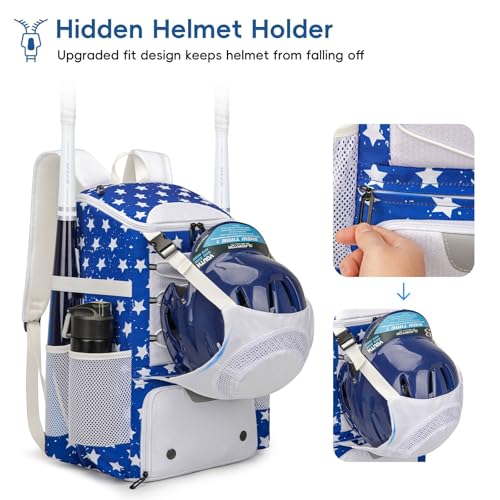 KAVIGOR Baseball Bag for Youth and Adult, Softball Backpack 40L Large Capacity, Bat Backpack with Shoes Compartment and Hidden Helmet Holder - color: White & Blue