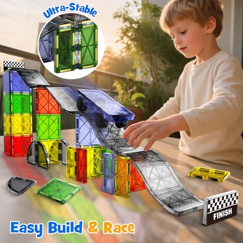WMXDU 2-in-1 Dynamic Magnetic Downhill & Race Track Set - 40PCS Expandable Magnetic Tiles with Car for Creative STEM Play The Ultimate Travel Toy & Gift for Kids Ages 3-8 (40pcs-Race Set) - style: 40pcs-Race Set