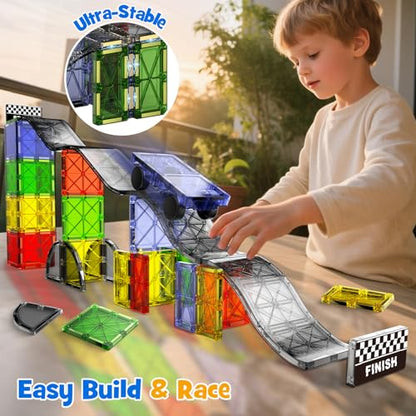 WMXDU 2-in-1 Dynamic Magnetic Downhill & Race Track Set - 40PCS Expandable Magnetic Tiles with Car for Creative STEM Play The Ultimate Travel Toy & Gift for Kids Ages 3-8 (40pcs-Race Set) - style: 40pcs-Race Set
