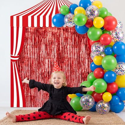 Peryiter 119 Pcs Carnival Circus Party Decorations Set Red White Striped Backdrop Banner Foil Fringe Curtain Balloon Arch Kit, Carnival Circus Theme Supplies for Birthday Party, Event Celebration - style: Carnival