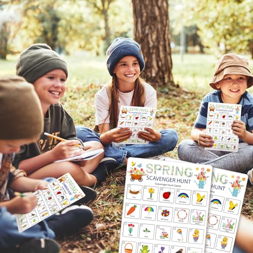 Hoolerry 30 Pcs Scavenger Hunt for Kids Road Trip Game Car Spring Summer Wedding Scavenger Hunt Cards Travel Activities Camping Games Outdoor Indoor Seek Activity for Kids Adults (Spring) - style: Spring