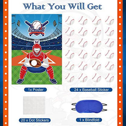 JOARHONAL Pin the Baseball on the Glove - Baseball Party Games for Kids 20" x 28" Baseball Game Poster with 24 Reusable Stickers Sport Themed Birthday Party Favor Sets - style: Baseball