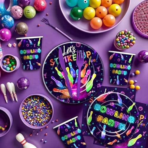 Bowling Party Decorations Dinnerware, Strike Up Some Fun Bowling Ball Birthday Party Supplies Tableware, Paper Plate, Napkin, Tablecloth, Disposable Fork, Serves 24