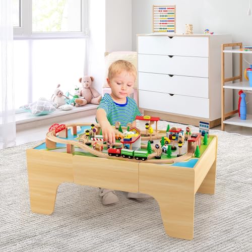 Costzon Train Table, 3-in-1 Wooden Train Set Table w/Reversible 84 PCS Track Train Toys, Table Map & Storage Drawer for Building, Playing, Studying, Kids Activity Table for Toddlers Aged 18 M+ - size: 38" x 24.5" x 15.5" (L x W x H)
