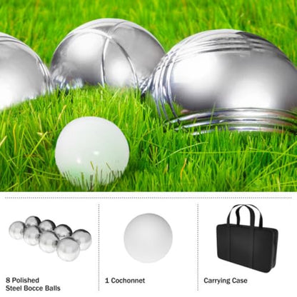 Trademark Games Bocce Ball Set - Petanque Boules Lawn Game with 8 Steel Tossing Balls, Cochonnet, and Carrying Case - Metal Ball Game (Silver)