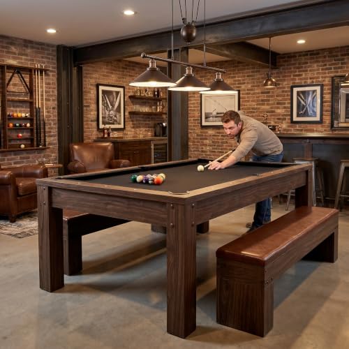 7ft 3-in-1 Multi Game Table, Pool Ping Pong Dining Table Combo with 2 Storage Benches & Full Game Accessories