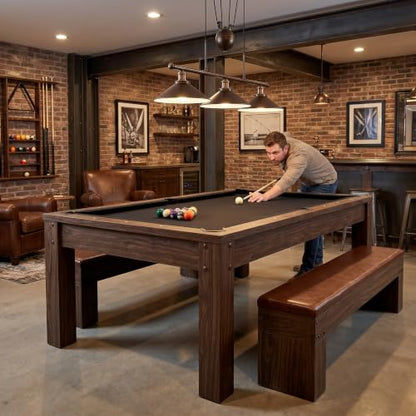7ft 3-in-1 Multi Game Table, Pool Ping Pong Dining Table Combo with 2 Storage Benches & Full Game Accessories