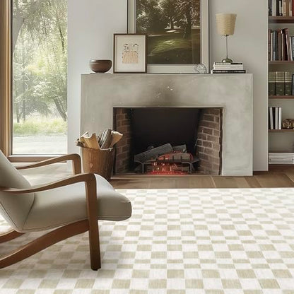 EVERGRACE Checkered Plaid Area Rug 6x9, Soft Faux Wool Rugs Washable Anti Slip Rugs Large Rug Carpet for Entryway Bedroom Living Room Hallway Kitchen Dining Room and Laundry Room, Beige - color: Beige, size: 6' x 9' (Rectangular)