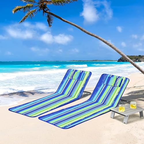 Goplus Beach Chairs with Side Table, 2 Pack Folding Lounge Chairs for Adults, with 5 Adjustable Position, Backpack Lightweight Reclining Lounge Chair for Lawn Camping Picnic Sunbath Pool (Blue Stripe) - color: Blue Stripe
