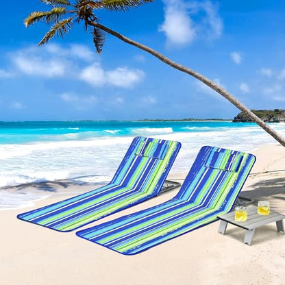 Goplus Beach Chairs with Side Table, 2 Pack Folding Lounge Chairs for Adults, with 5 Adjustable Position, Backpack Lightweight Reclining Lounge Chair for Lawn Camping Picnic Sunbath Pool (Blue Stripe) - color: Blue Stripe