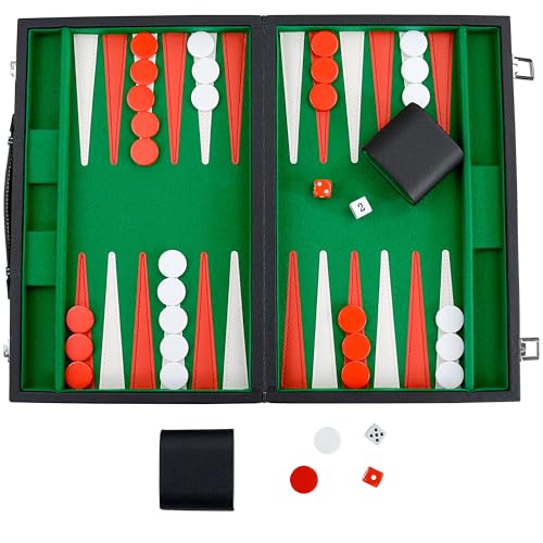 Backgammon Sets for Adults, 15" Backgammon Set Leather Large, Travel Backgammon Board Games - Classic Board Game (Green Inner Lining) - color: Green
