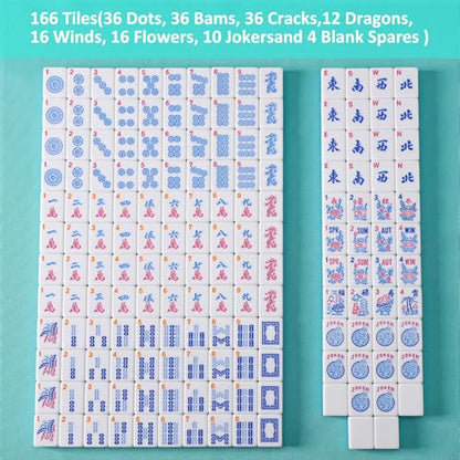 American Mahjong Game Set, 166 Blue Tiles (1.2”), 4 All-in-One Color Rack/Pushers & Drawstring Bag, Complete Mahjong Sets with Blue Printed Carrying Bag and Mahjong Tile Set Accessories - color: Blue