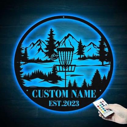Custom Disc Golf Player Metal Wall Art LED Lights with Name – Personalized Disc Golf Sign for Bedroom, Garage, Boys Room, Sports Themed Gift for Dad, Remote Control Light Model-Disc03 - color: Model-Disc03