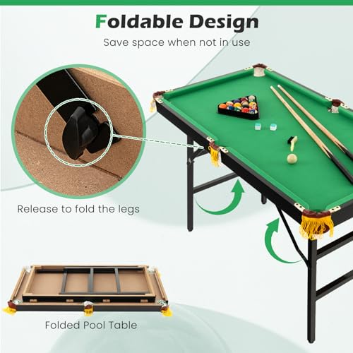 GYMAX Pool Table, 48’’ Foldable Billiard Tables with Balls, 2 Cue Sticks, Chalks and Brush, Mini Pool Table for Kids, Family, Party
