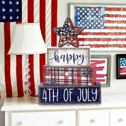 DIYDEC 4Pcs Memorial Day Table Decor 4th of July Patriotic Wood Signs Independence Tiered Tray Decor America Red Blue Centerpieces Signs for Farmhouse Holiday Tabletop Home Party Decoration - style: Independence Day Star