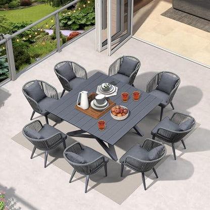 PURPLE LEAF 9 Pieces Outdoor Metal Furniture Set Patio Conversation Sets Dining Set, 1 Square Dining Table and 8 Modern Chairs with Cushions Seat Grey - color: Grey, size: 9 Pcs, style: Square