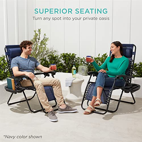 Best Choice Products Set of 2 Adjustable Steel Mesh Zero Gravity Lounge Chair Recliners w/Pillows and Cup Holder Trays - Brown - color: Brown, size: Standard