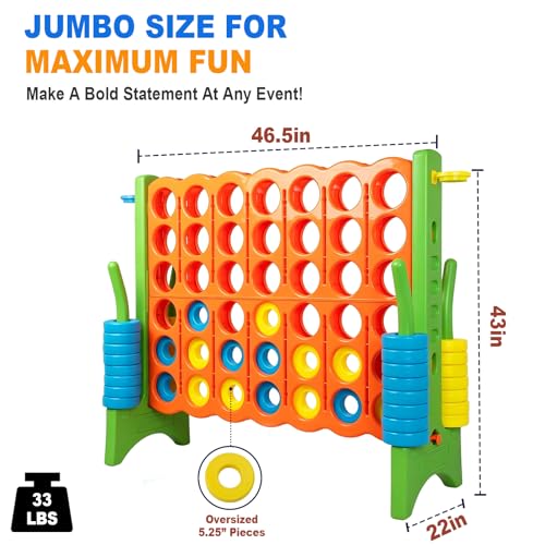 Giant 4 in a Row Game with Quick-Release Slider & Cup Holders, 43" Tall x 46.5" Wide Jumbo Yard Game, 46 Rings & Heavy-Duty Carrying Bag, Perfect for Parties and Camping - color: Orange+Green