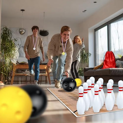 Mini Bowling Set Indoor Outdoor Indoor Bowling Set with Guide Arrow Mat Gold and Silver Medal Backpack Dispensing Suitable for Family Friends Family Party Entertainment