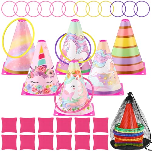 RoundFunny 12set 3 in 1 Ring Toss Game Set, Carnival Game Kit with Cones, Rings, Bean Bags & Storage Bag, Includes Unicorn Decorations for DIY Toss Games, Birthday Party, Easter, Carnival - style: Unicorn