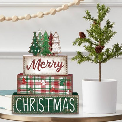 DIYDEC 4Pcs Christmas Table Decoration Green Tree Wooden Block Sign Christmas Tiered Tray Decor Winter Centerpiece Decorative Sign for Xmas Holiday Tabletop Coffee Fireplace Shelf Desk Party Decor - style: Green Tree