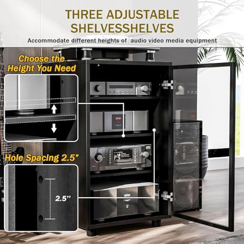 Media Storage Cabinet with Tempered Glass Door, 3 Adjustable Shelves Stereo Cabinet with Cable Management, AV Rack for Living Room/Gaming Setup/Home Studio Audio Rack (Black)