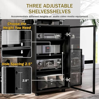 Media Storage Cabinet with Tempered Glass Door, 3 Adjustable Shelves Stereo Cabinet with Cable Management, AV Rack for Living Room/Gaming Setup/Home Studio Audio Rack (Black)