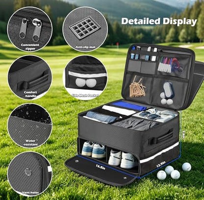 Golf Trunk Organizer Waterproof Car Golf Storage with Ventilated Compartment for 2 Pairs of Shoes, Ideal for Golf Balls Tees Caps Clothes Gloves and Accessories Golf Gift for Men and Women