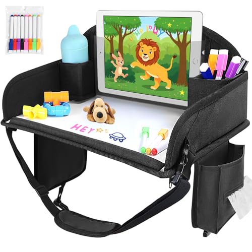 Kids Travel Tray for Car Seat, Toddler Road Trip Essentials With Drawing Kit, Travel Activities Must Haves (Black) - color: Black