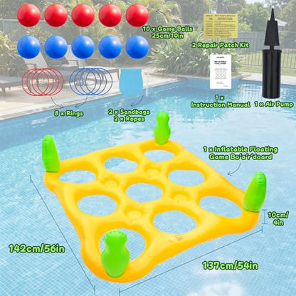 2 in 1 Pool Toys Games Set Inflatable Pool Float with 10 Balls & 8 Rings Tic-Tac-Toe Pool Games, Fun Summer Party Beach Outdoor Yard Game - color: Yellow