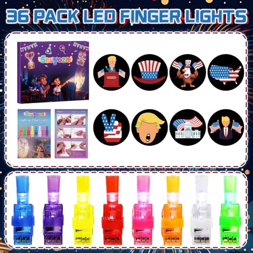 36 Pack Patriotic Party Favors, Glow Finger Lights for Kids Birthday Goodie Bag Stuffers, Classroom Rewards, Party Prizes & Glow Party Supplies - style: Patriotic