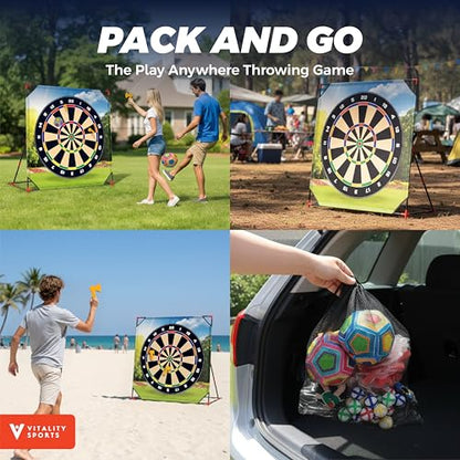 Vitality Sports 4-in-1 Sport Game with Stand - Golf Target Battle Games with Putting Mat, 12 Sticky Balls, 6 Axes, 2 Soccer Balls, 8 Bean Bags, Axe Throwing Game for Backyard