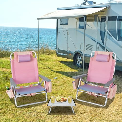 Tangkula Backpack Beach Chair with Table, 5-Position Lay Flat Chairs with Cooler Bag, 2 Cup Holders, Towel Bar, Lightweight Low Folding Chair with Backpack Straps, Pink - color: Pink, style: 2 Pack with Table