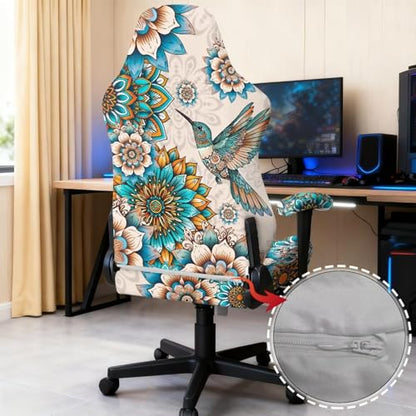 Hummingbird Print Gaming Chair Covers Slipcovers with Armrest Covers Boho Mandala Flower Print Office Desk Chair Cover Scratch Proof Anti-Dust Universal Fit - color: Brown - Hummingbird Boho Mandala Flower