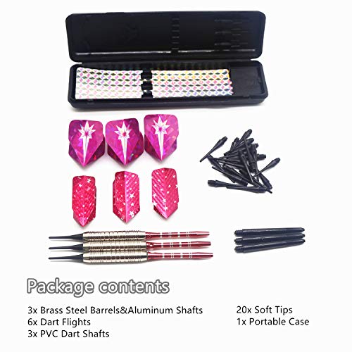 Soft Tip Darts Set for Electronic Dart Board 18/22g Plastic Tip Darts Set with Brass Barrels&Aluminum Shafts, 6 Flights 3 Spare Plastic Dart Shaft 20 Soft Tips Portable Case (18g-Silver&Pink)